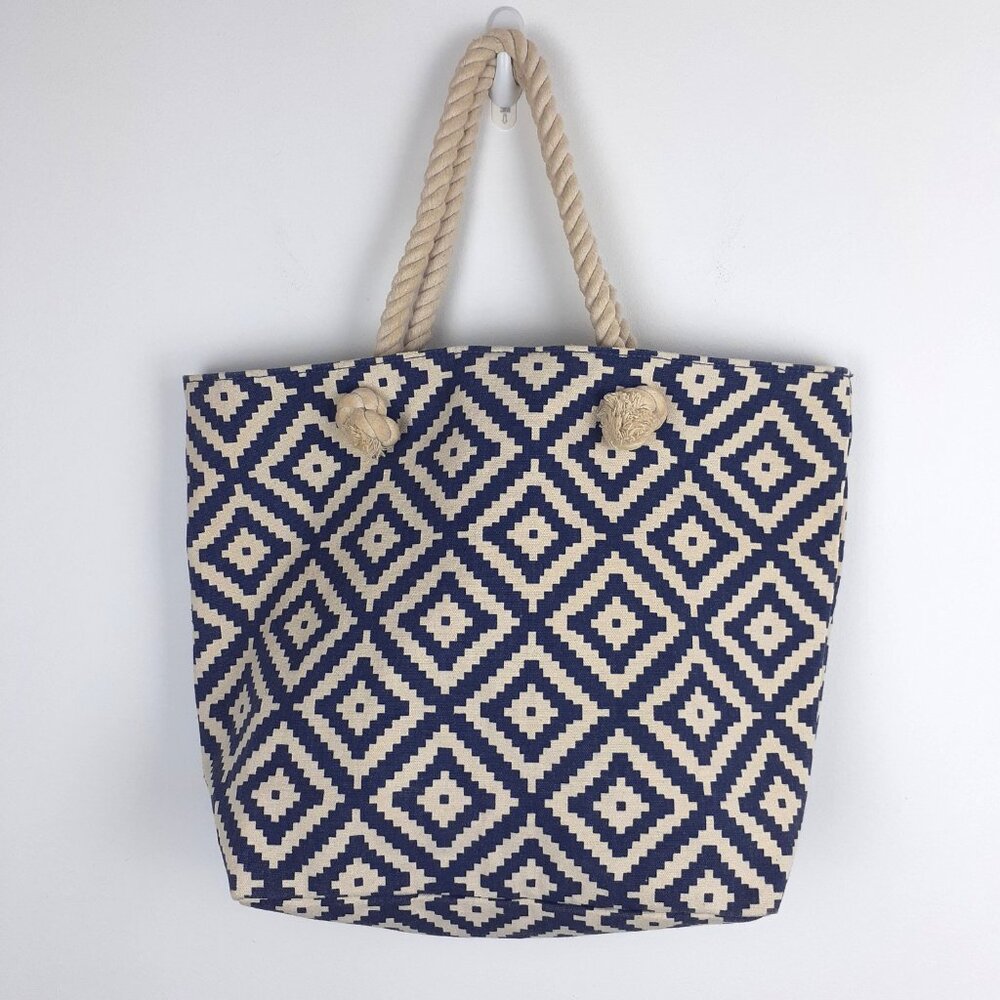 Nautical Diamond Beach Bag. Swim Tote. Blue White with Rope Handles Vacation